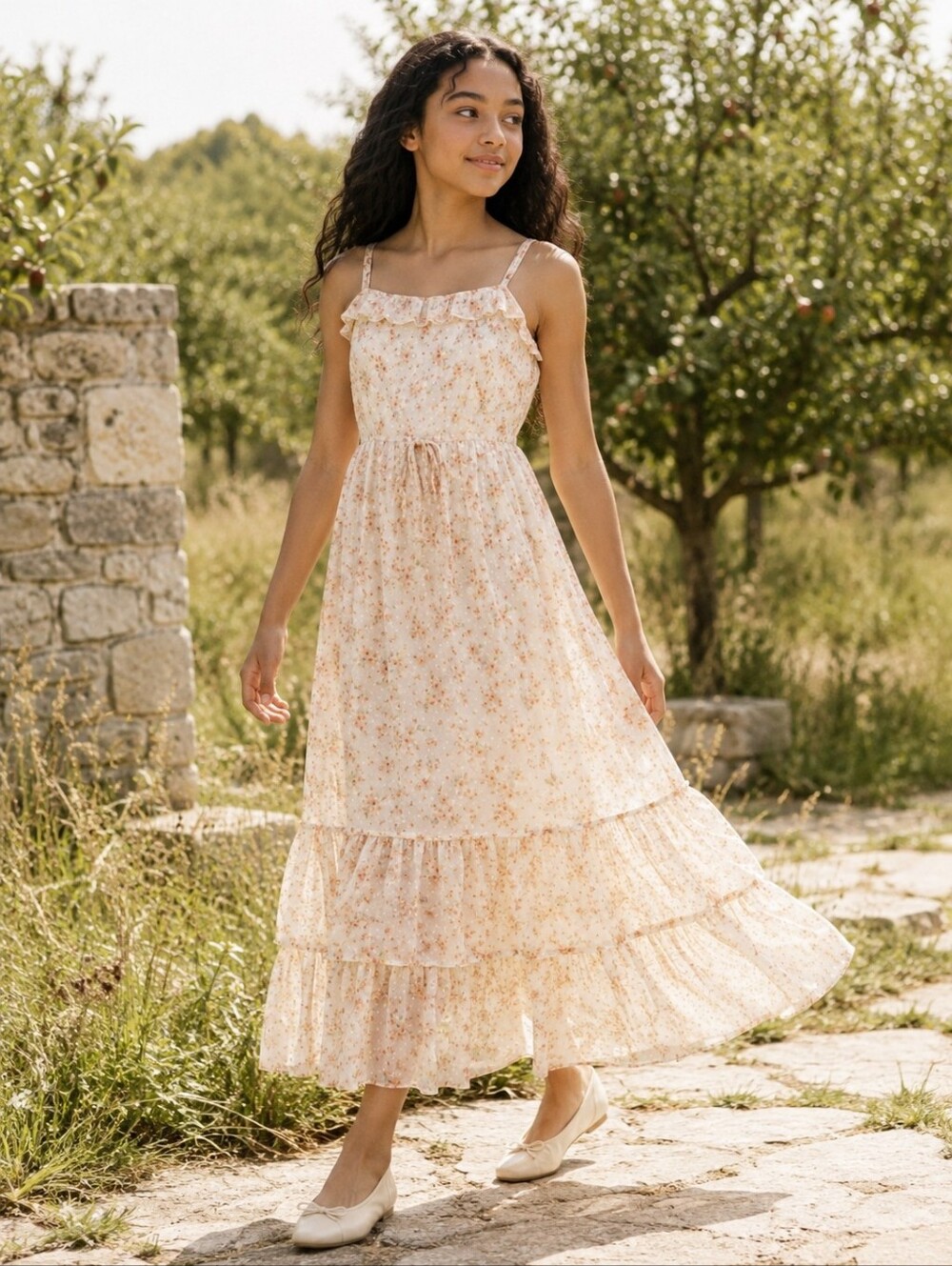 Zunie Girls 14 Floral Swiss Dot Chiffon Maxi Dress Cottagecore